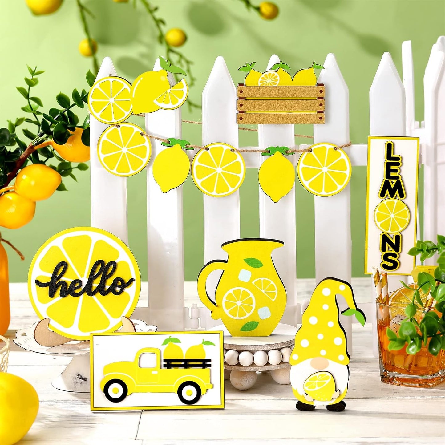12 Pcs Lemon Tiered Tray Decor Set Gnome Fresh Lemonade Wooden Sign Yellow Lemon Wood Blocks Standing Sign Summer Tray Decor for Home Summer Kitchen Table Decoration