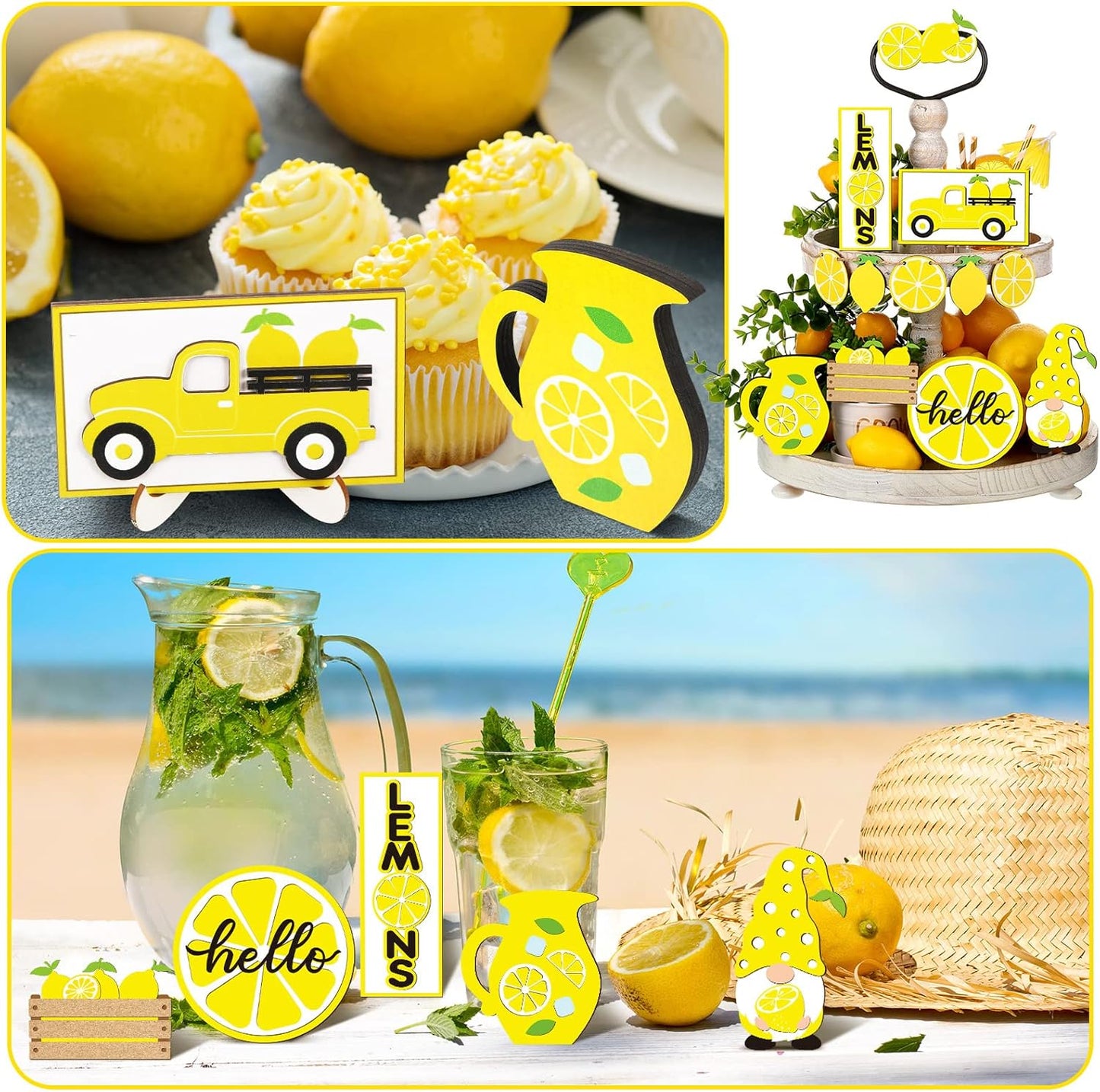 12 Pcs Lemon Tiered Tray Decor Set Gnome Fresh Lemonade Wooden Sign Yellow Lemon Wood Blocks Standing Sign Summer Tray Decor for Home Summer Kitchen Table Decoration
