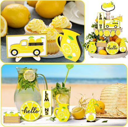 12 Pcs Lemon Tiered Tray Decor Set Gnome Fresh Lemonade Wooden Sign Yellow Lemon Wood Blocks Standing Sign Summer Tray Decor for Home Summer Kitchen Table Decoration