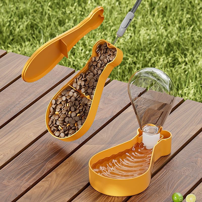 Portable Pet Feeder for Dogs & Cats, Lightweight Hiking/Camping/Road Trip Food & Water Bowl with Lanyard, Cute Bone Shape (Yellow)