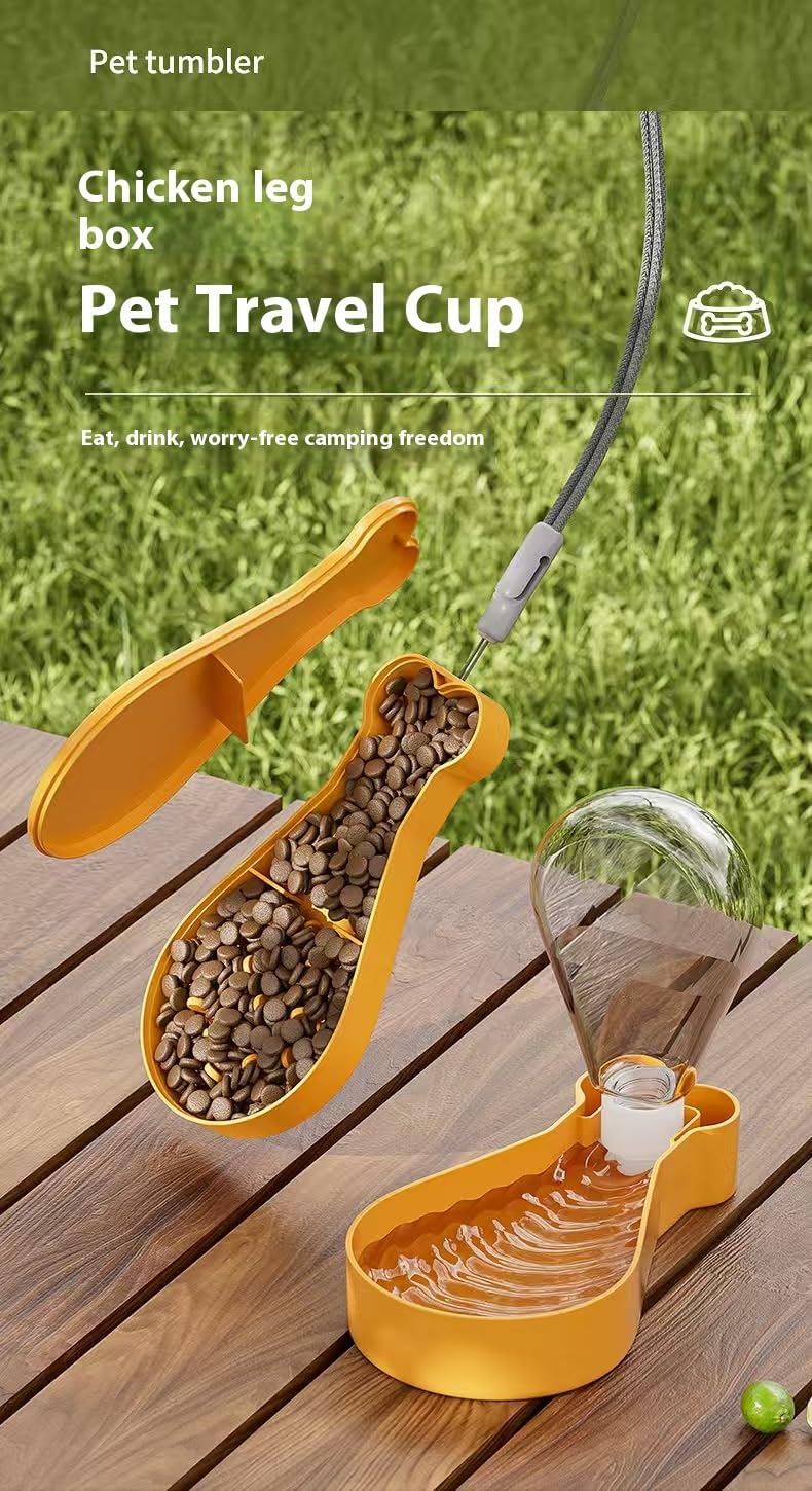 Portable Pet Feeder for Dogs & Cats, Lightweight Hiking/Camping/Road Trip Food & Water Bowl with Lanyard, Cute Bone Shape (Yellow)