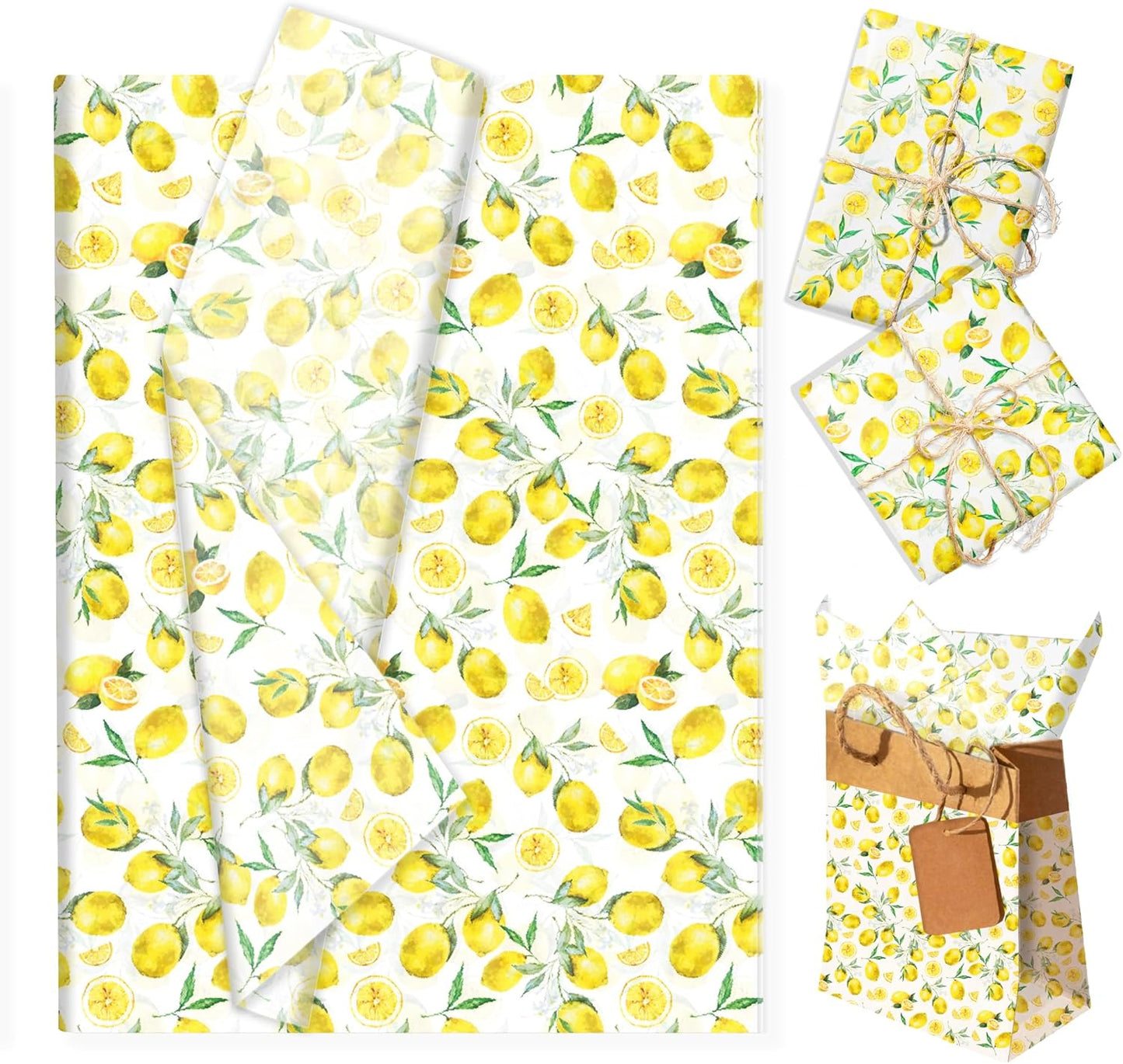 100 Sheets 20 x 14 Inch Lemon Pattern Tissue Paper, Yellow Citrus Fruit Printed Decorative Wrapping Tissue Paper, Art Tissue Paper for Gift Bags, Birthday Party, Baby Shower, Summer Spring Holidays