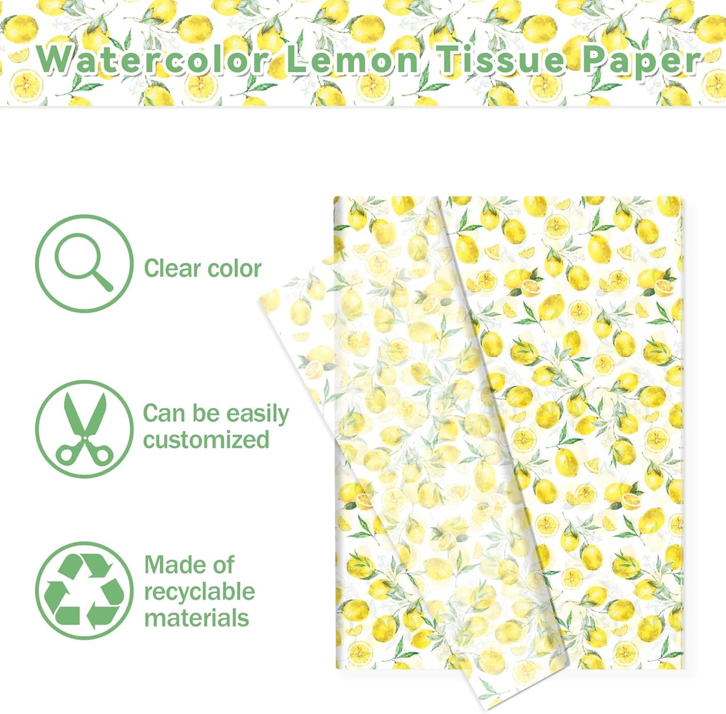 100 Sheets 20 x 14 Inch Lemon Pattern Tissue Paper, Yellow Citrus Fruit Printed Decorative Wrapping Tissue Paper, Art Tissue Paper for Gift Bags, Birthday Party, Baby Shower, Summer Spring Holidays