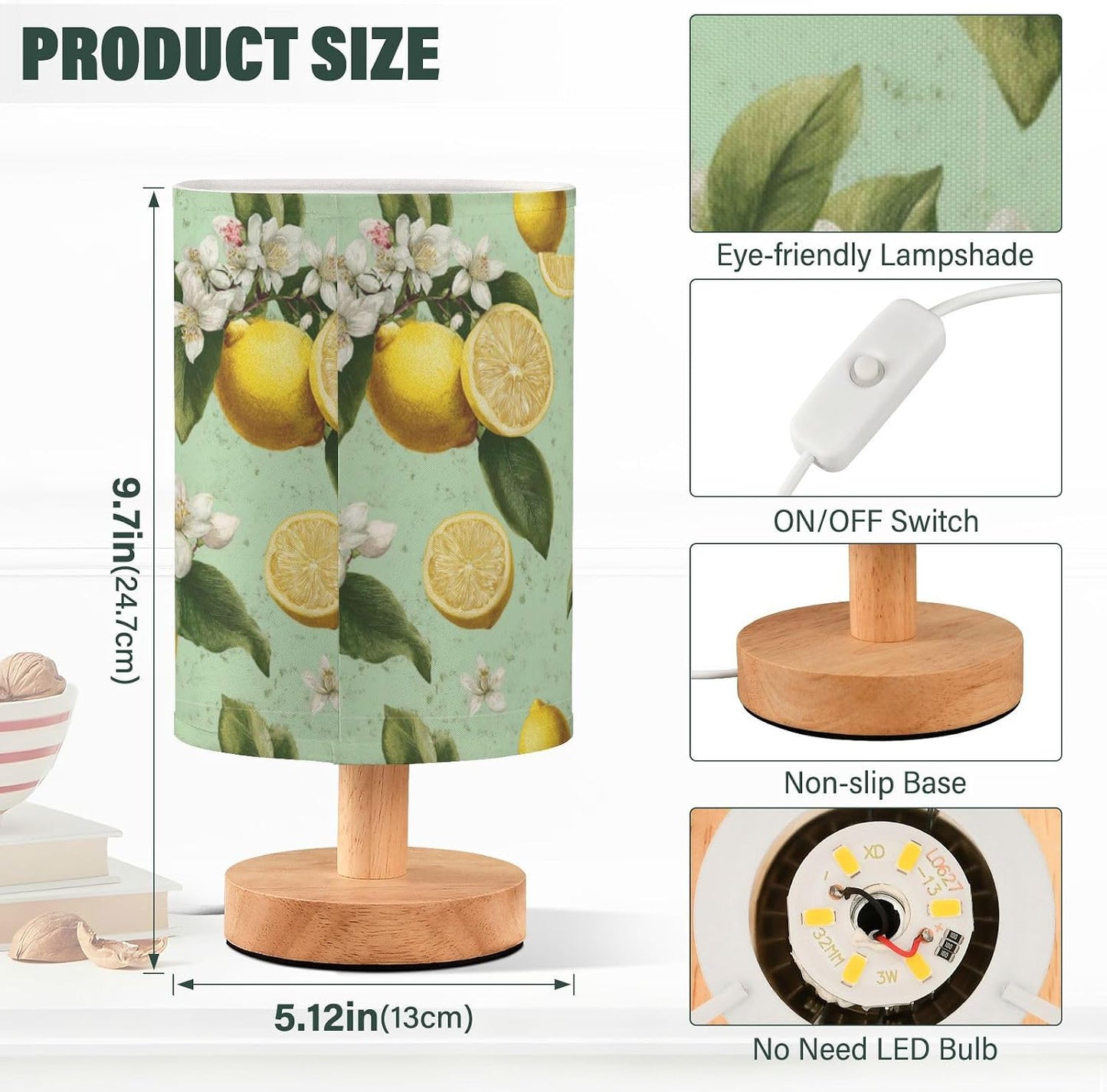 Bedside Table Lamp Lemon Yellow Citrus Fruits (48) Kids Nightstand Lamp Night Light Fabric Shade for Bedroom Living Room Home Office