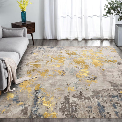 Washable Rug, Ultra Soft Area Rug 8x10, Non Slip Abstract Rug Carpet, Stain Resistant Rugs for Living Room Bedroom, Modern Fluffy Rug (Grey/Mustard, 8'x10')