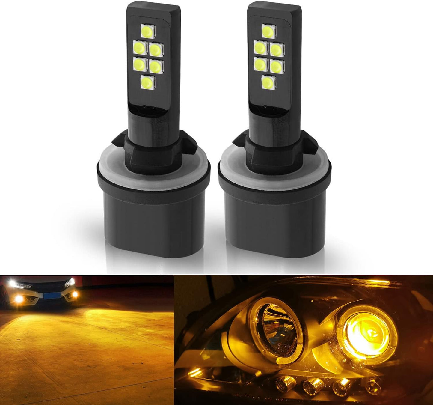 2x 880 893 899 LED Fog Light Bulb for Powersports Advanced 3030 SMD Bright Colorful Daytime Running DRL Lamp, Amber Yellow