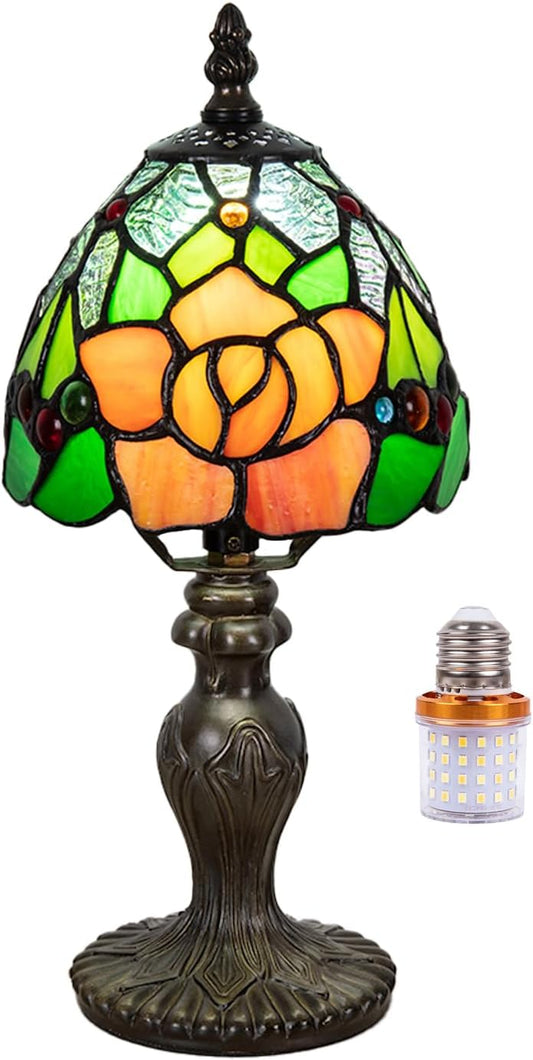 Small Tiffany Table Lamp, 3 Color-Temperature Roses Stained Glass Lamp,6 Inch Tiffany Style Lamp for Bedroom Living Room Home, Handcrafted Light, Included Bulb (Yellow)