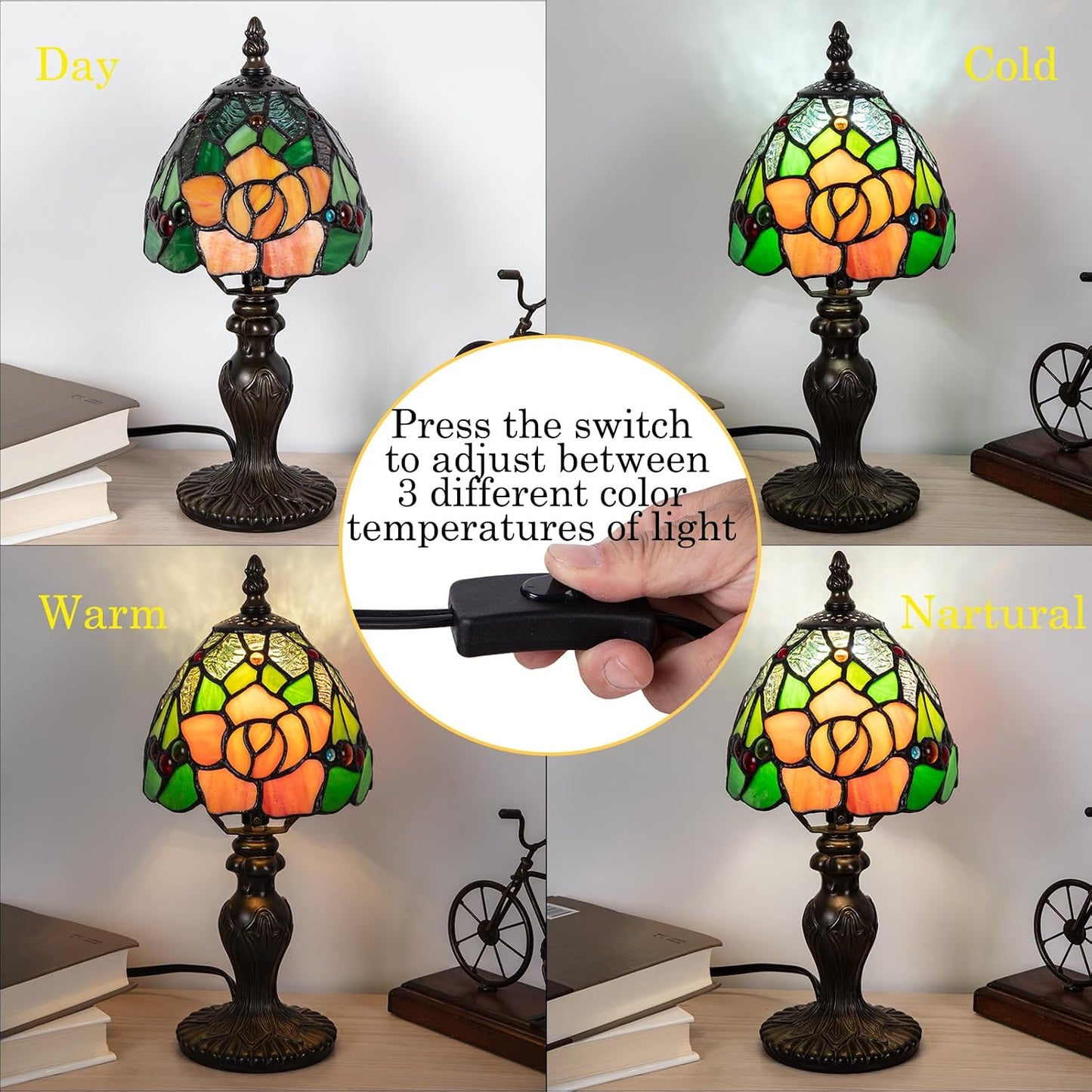 Small Tiffany Table Lamp, 3 Color-Temperature Roses Stained Glass Lamp,6 Inch Tiffany Style Lamp for Bedroom Living Room Home, Handcrafted Light, Included Bulb (Yellow)