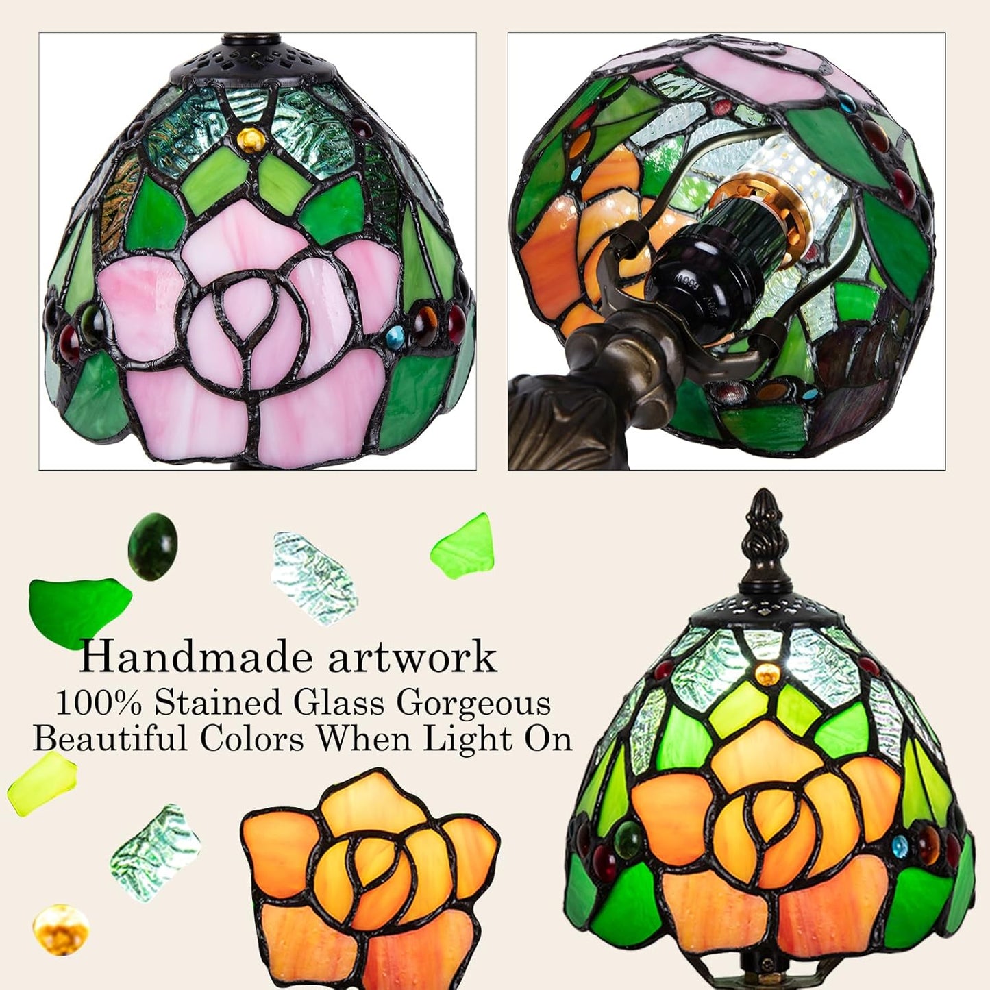 Small Tiffany Table Lamp, 3 Color-Temperature Roses Stained Glass Lamp,6 Inch Tiffany Style Lamp for Bedroom Living Room Home, Handcrafted Light, Included Bulb (Yellow)