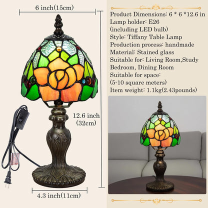 Small Tiffany Table Lamp, 3 Color-Temperature Roses Stained Glass Lamp,6 Inch Tiffany Style Lamp for Bedroom Living Room Home, Handcrafted Light, Included Bulb (Yellow)