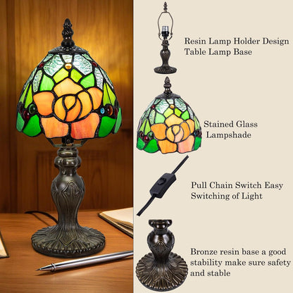 Small Tiffany Table Lamp, 3 Color-Temperature Roses Stained Glass Lamp,6 Inch Tiffany Style Lamp for Bedroom Living Room Home, Handcrafted Light, Included Bulb (Yellow)