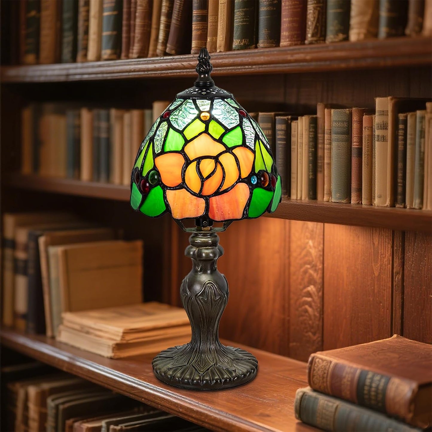 Small Tiffany Table Lamp, 3 Color-Temperature Roses Stained Glass Lamp,6 Inch Tiffany Style Lamp for Bedroom Living Room Home, Handcrafted Light, Included Bulb (Yellow)