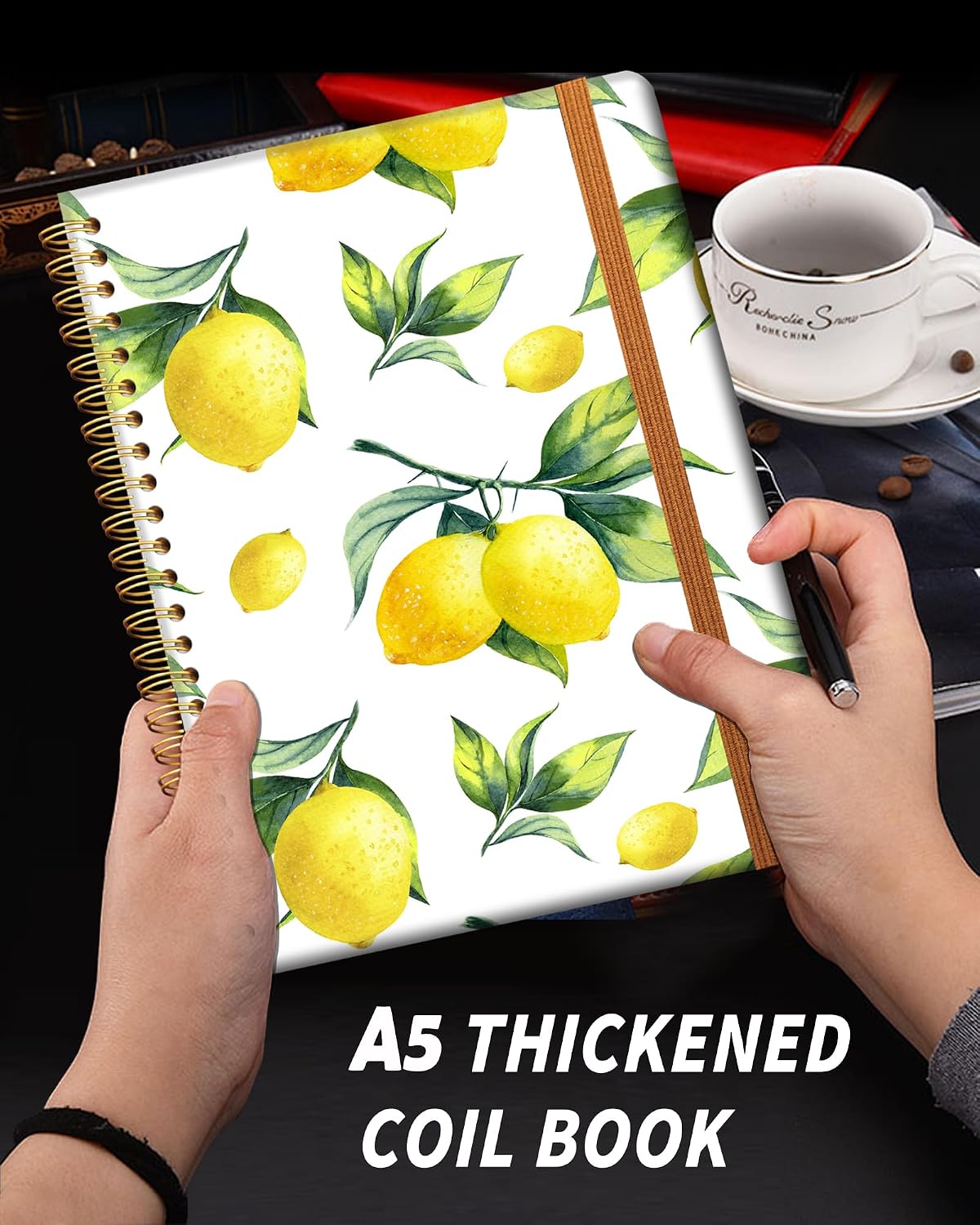 Ruled Spiral Writing Notebook,A5 Hardcover Lined College Journal for Women,Strong Twin-Wire Binding with Premium Paper,8.4" X 6",Perfect for School,Office,Home(Cute Lemon)