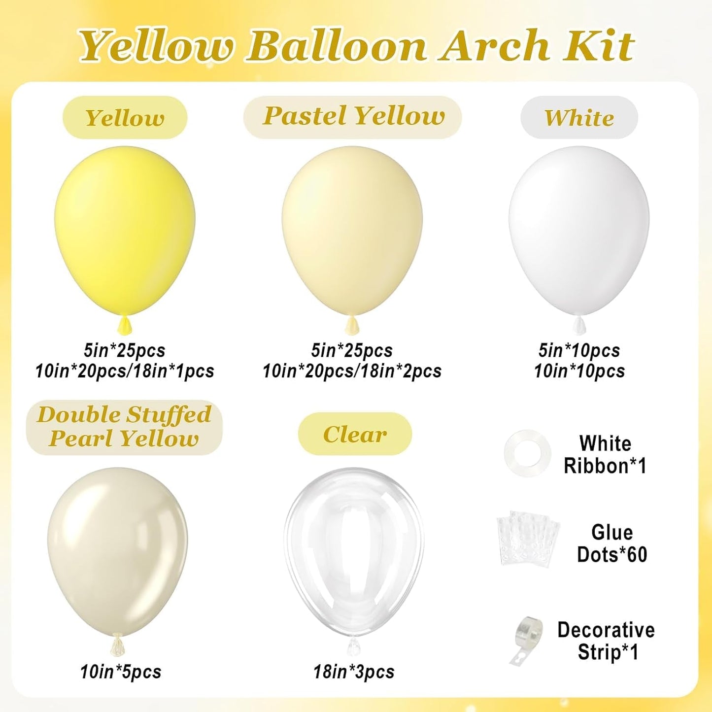 124pcs Pastel Yellow Balloon Arch Kit Double Stuffed Pearl Yellow Balloons | Baby Shower, Bridal Shower, Birthday Party Decorations