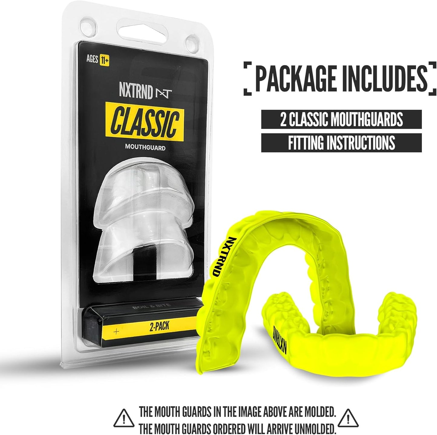 2 Pack Classic Mouthguard, Custom Fit Sports Mouthpiece for Football, Boxing, MMA, Basketball, Hockey, Lacrosse, Youth & Adult (Neon Yellow)