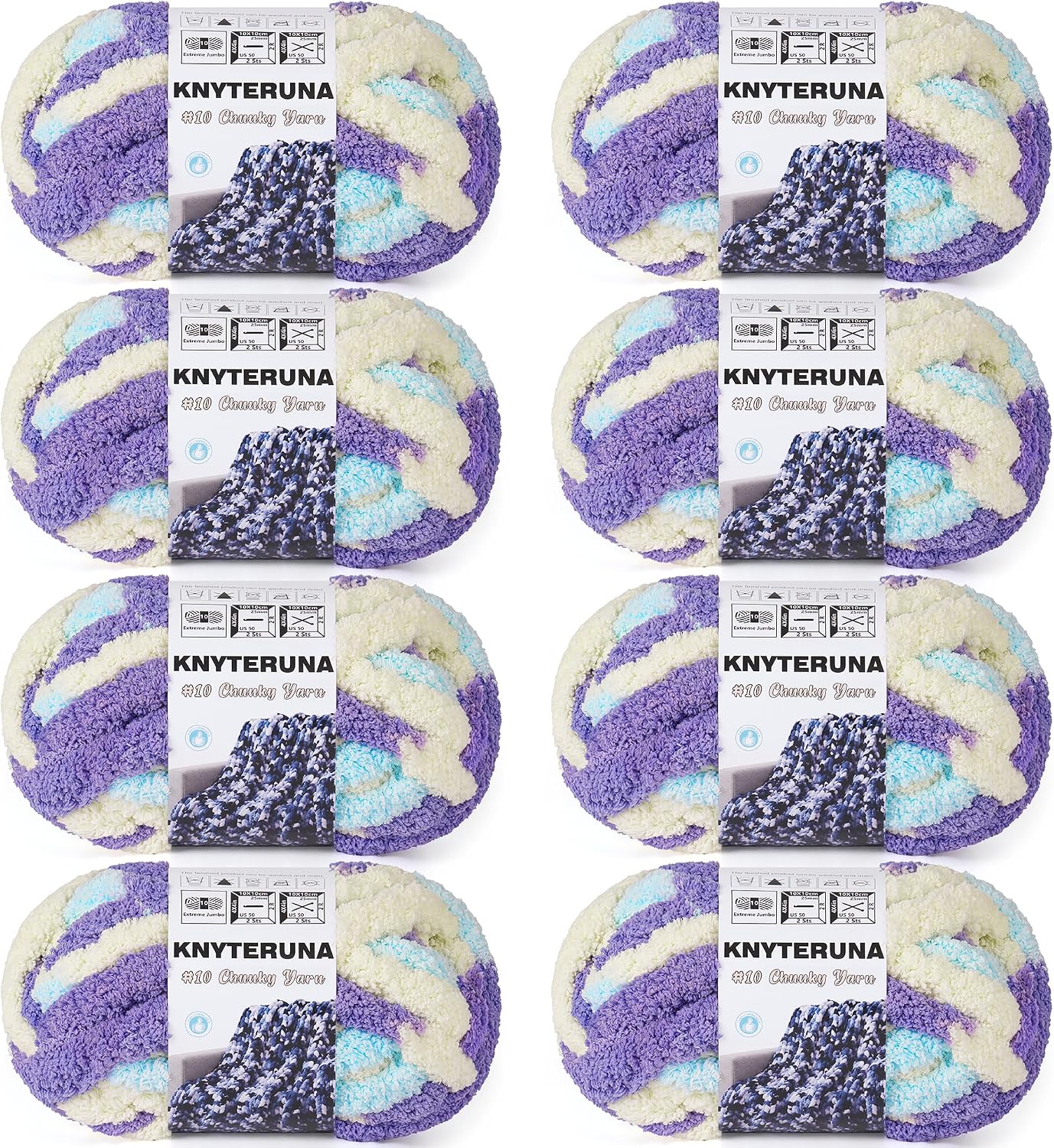 Chunky Yarn for Hand Knitting, #10 Chunky Blanket Chenille Yarn, Bulky Thick Jumbo Yarn, Super Chunky Knit Yarn for Crocheting, 8 Skein (8oz,20yds Each Skein), Tie Dye Purple & Yellow & Blue