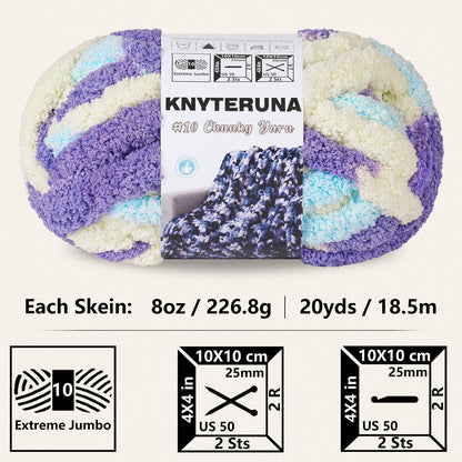 Chunky Yarn for Hand Knitting, #10 Chunky Blanket Chenille Yarn, Bulky Thick Jumbo Yarn, Super Chunky Knit Yarn for Crocheting, 8 Skein (8oz,20yds Each Skein), Tie Dye Purple & Yellow & Blue