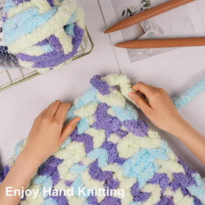Chunky Yarn for Hand Knitting, #10 Chunky Blanket Chenille Yarn, Bulky Thick Jumbo Yarn, Super Chunky Knit Yarn for Crocheting, 8 Skein (8oz,20yds Each Skein), Tie Dye Purple & Yellow & Blue