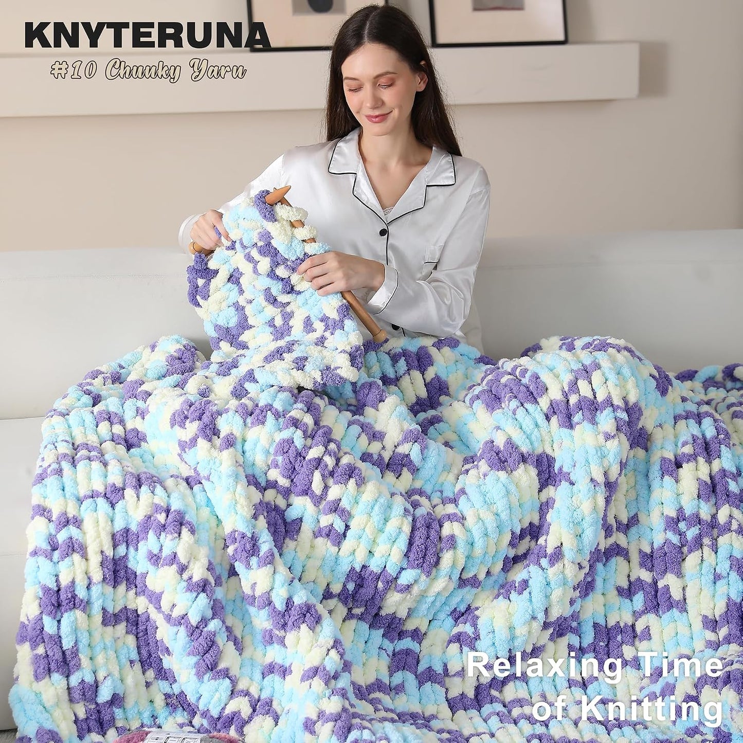 Chunky Yarn for Hand Knitting, #10 Chunky Blanket Chenille Yarn, Bulky Thick Jumbo Yarn, Super Chunky Knit Yarn for Crocheting, 8 Skein (8oz,20yds Each Skein), Tie Dye Purple & Yellow & Blue