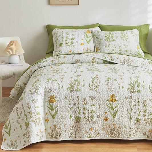 3 Pieces Reversible Quilt Set, Smooth Soft Microfiber Quilt, Yellow Flowers Green Leaves Botanical Design, Bedspread Bed Cover for All Season, 1 Quilt n 2 Pillow Shams (King, 102x90 inches)