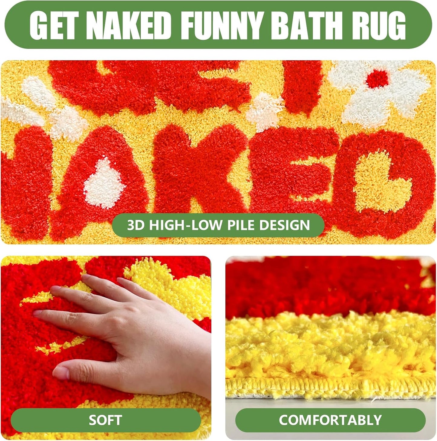 Get Naked Bath Rug, Fun Bathroom Rug, Yellow Bath Mat Non Slip Microfiber Plush Absorbent Washable for Bathtub, Bedroom and Shower 20"x40"