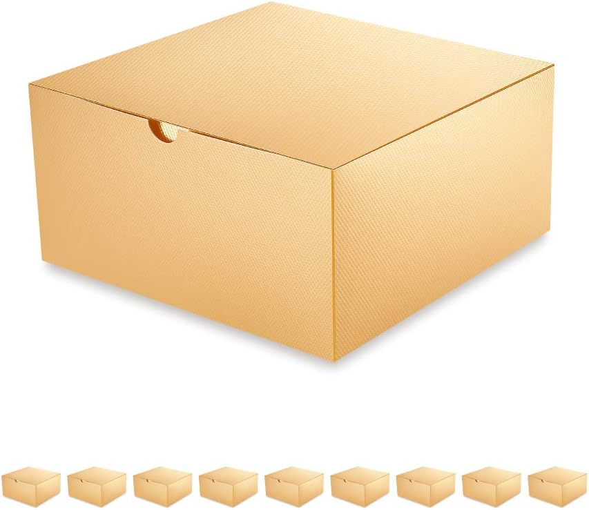 Gold Gift Boxes with Lids 10 Pack 8x8x4 Inches, 80ft Twine,Paper Bridesmaid Proposal Boxes, Christmas Gift Boxes in Bulk for Wedding, Party, Light Weight Gifts (Glossy Gold, Grain Texture)