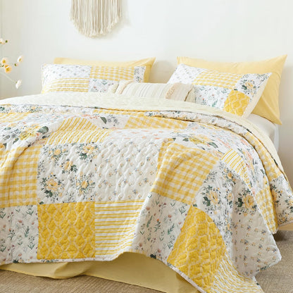 Floral Quilt Set Queen Size – Ultra Soft Lightweight Bedspread, 3 Piece Yellow Bedding Set (90"x90") with Pillowcases (20"x26"), All Season Coverlet for Bedroom & Guest Room