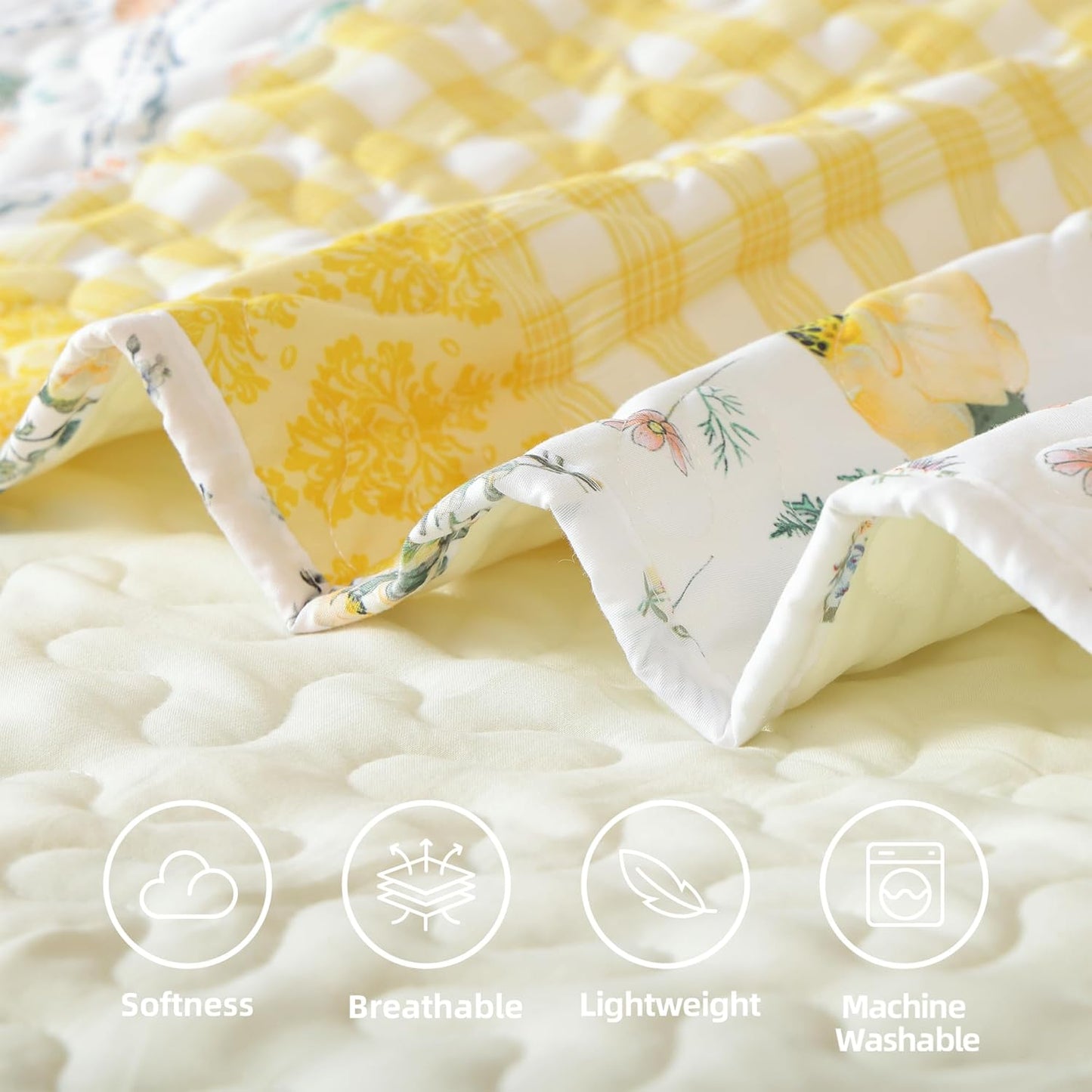 Floral Quilt Set Queen Size – Ultra Soft Lightweight Bedspread, 3 Piece Yellow Bedding Set (90"x90") with Pillowcases (20"x26"), All Season Coverlet for Bedroom & Guest Room