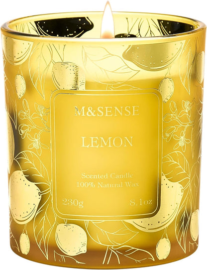 Lemon Soy Candle, 8.1oz Gilded Glass, Office Calming Gift | 42H Long Burn, Vegan Wax, No Toxin, Fresh Air Purifying Calming, Warmer Safe, Reusable Desk Organizer