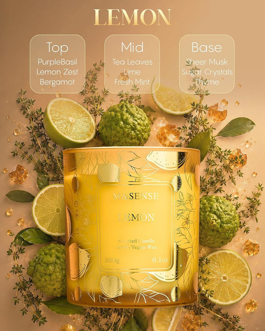 Lemon Soy Candle, 8.1oz Gilded Glass, Office Calming Gift | 42H Long Burn, Vegan Wax, No Toxin, Fresh Air Purifying Calming, Warmer Safe, Reusable Desk Organizer