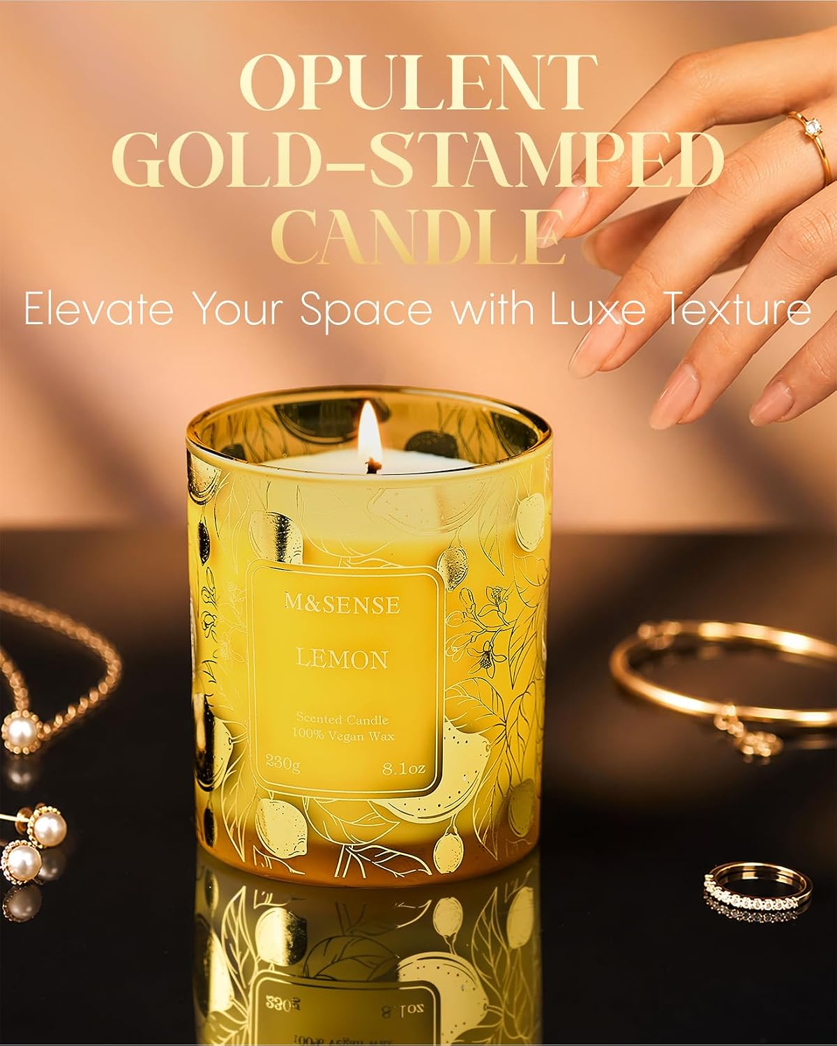 Lemon Soy Candle, 8.1oz Gilded Glass, Office Calming Gift | 42H Long Burn, Vegan Wax, No Toxin, Fresh Air Purifying Calming, Warmer Safe, Reusable Desk Organizer