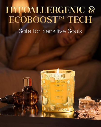 Lemon Soy Candle, 8.1oz Gilded Glass, Office Calming Gift | 42H Long Burn, Vegan Wax, No Toxin, Fresh Air Purifying Calming, Warmer Safe, Reusable Desk Organizer