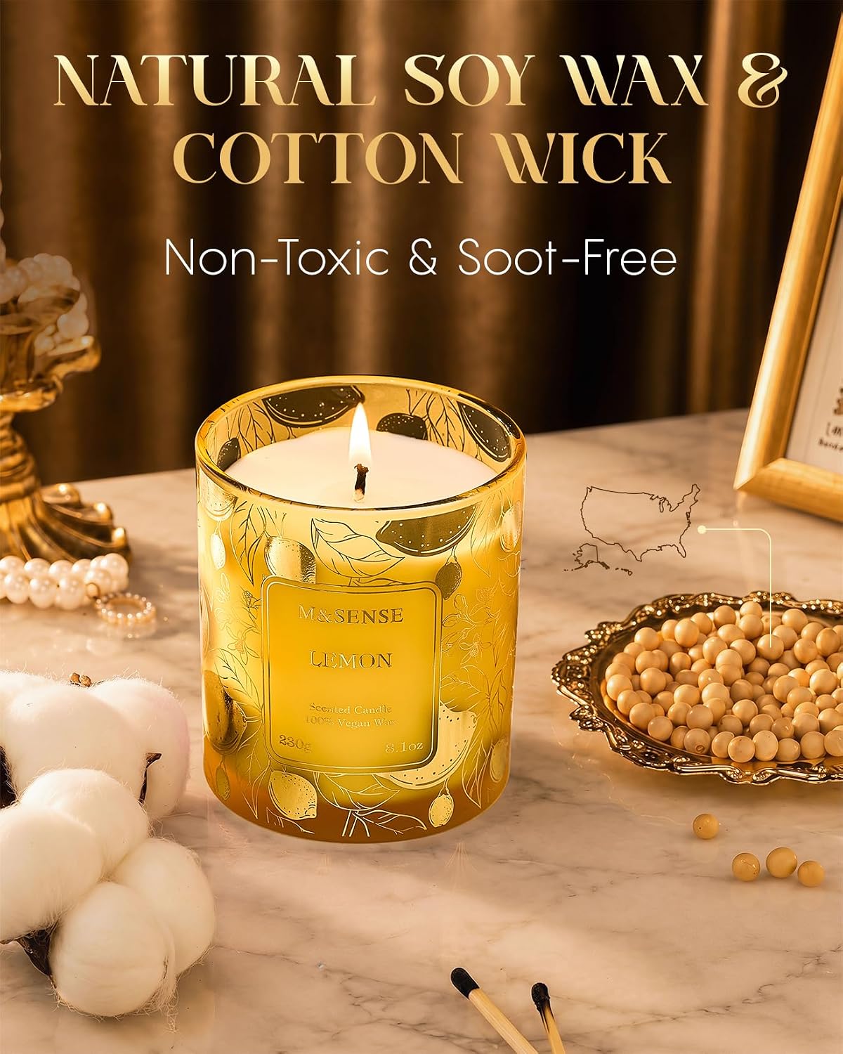 Lemon Soy Candle, 8.1oz Gilded Glass, Office Calming Gift | 42H Long Burn, Vegan Wax, No Toxin, Fresh Air Purifying Calming, Warmer Safe, Reusable Desk Organizer