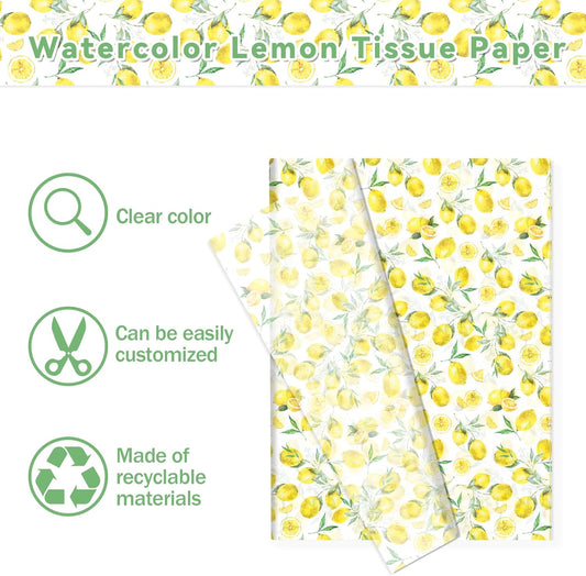 100 Sheets 20 x 14 Inch Lemon Pattern Tissue Paper, Yellow Citrus Fruit Printed Decorative Wrapping Tissue Paper, Art Tissue Paper for Gift Bags, Birthday Party, Baby Shower, Summer Spring Holidays