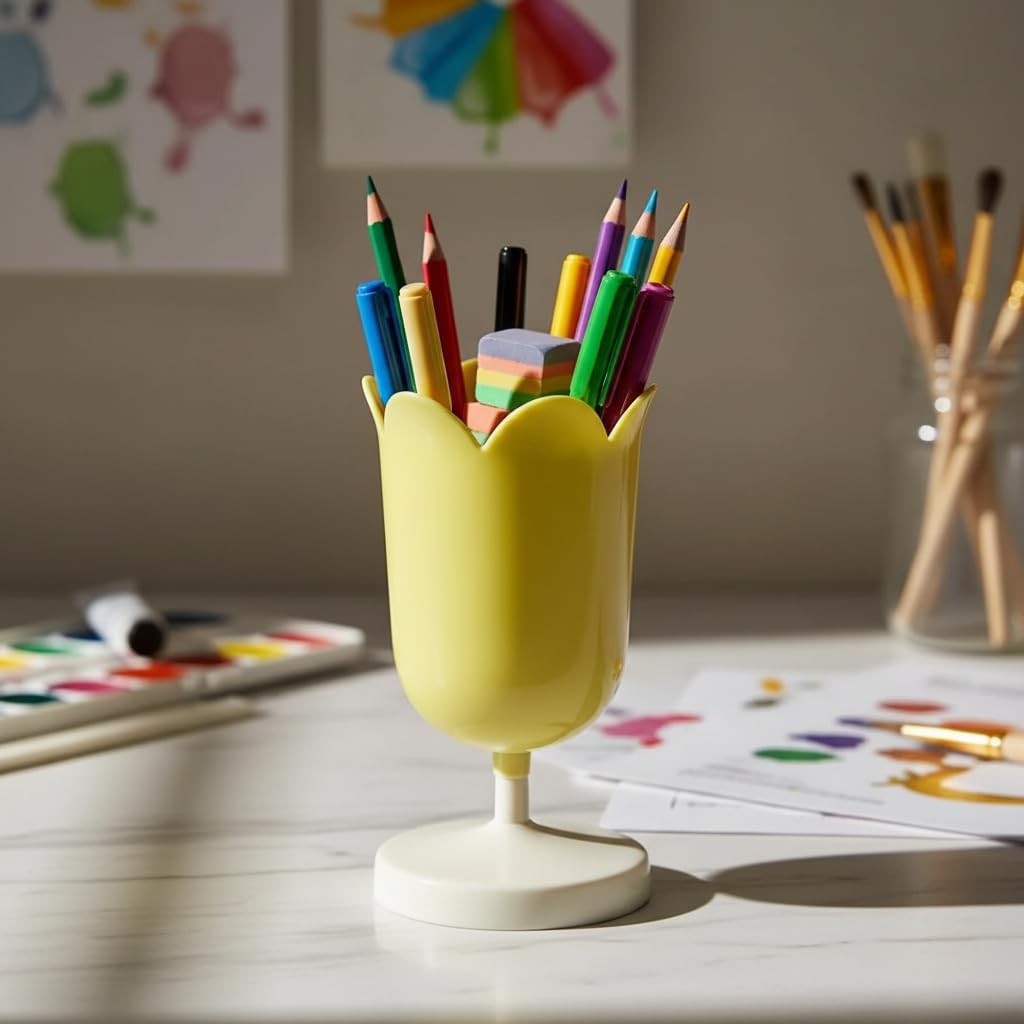 Tulip Pen Holder for Desk, Plastic Stationery Organizer, Cute Desktop Decoration, Office School Supplies (Yellow)