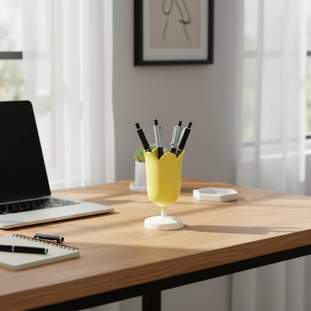 Tulip Pen Holder for Desk, Plastic Stationery Organizer, Cute Desktop Decoration, Office School Supplies (Yellow)