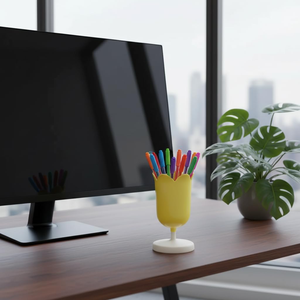Tulip Pen Holder for Desk, Plastic Stationery Organizer, Cute Desktop Decoration, Office School Supplies (Yellow)