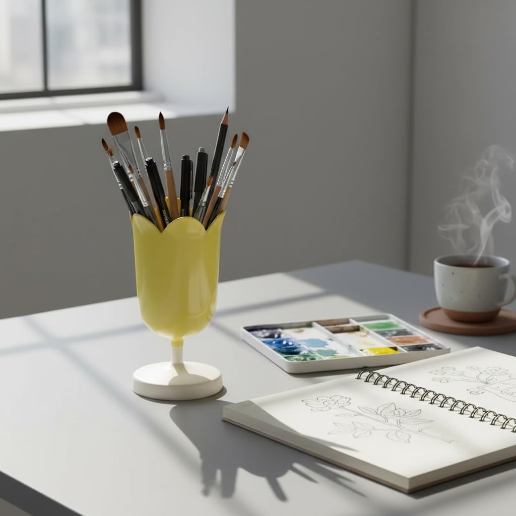 Tulip Pen Holder for Desk, Plastic Stationery Organizer, Cute Desktop Decoration, Office School Supplies (Yellow)