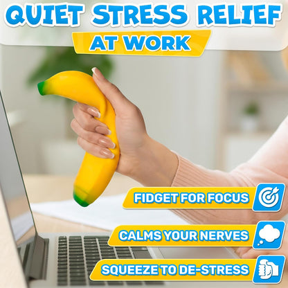 Banana Squishy, 6.9 x 1.6 in, Super Soft Silicone Fidget (Yellow) | Slow Rising Squeeze for Instant Stress Relief, Big Novelty Office Desk Decor, Pocket Size Gag Gift for Adults and Coworkers