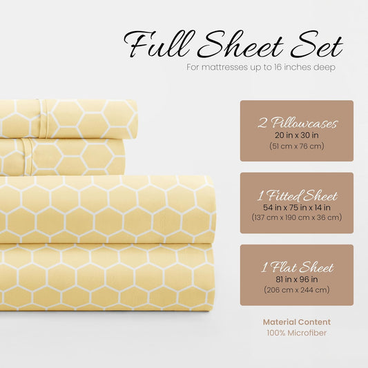 Patterned Microfiber Full Sheet Set 4 Piece – Oeko-TEX Certified Ultra Soft & Wrinkle-Free - 16" Deep Pocket Sheets - Easy Care Full Size - Honeycomb Yellow