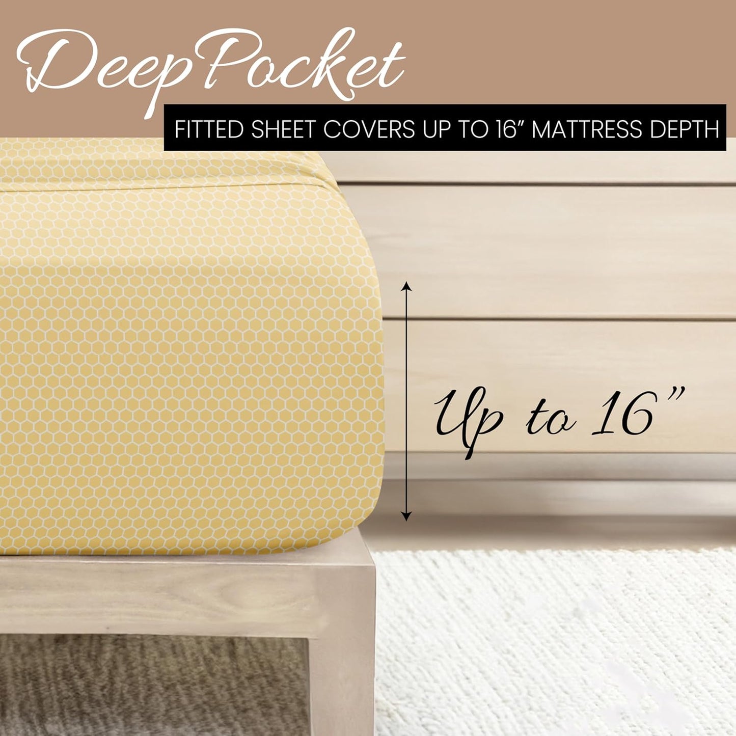 Patterned Microfiber Full Sheet Set 4 Piece – Oeko-TEX Certified Ultra Soft & Wrinkle-Free - 16" Deep Pocket Sheets - Easy Care Full Size - Honeycomb Yellow