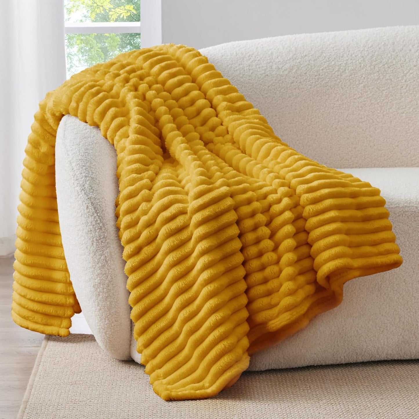 Ribbed Twin Blanket for Couch & Bed, Mustard Yellow, 60"x80" | Ultra-Soft Plush Fleece, Cozy, Warm Yet Lightweight, Ribbed Texture, Home Decor, Machine Washable, Giftable, All-Season Use