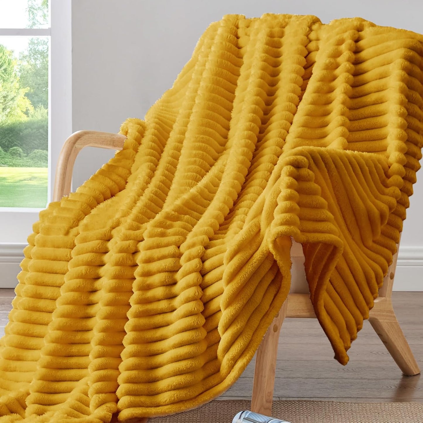 Ribbed Twin Blanket for Couch & Bed, Mustard Yellow, 60"x80" | Ultra-Soft Plush Fleece, Cozy, Warm Yet Lightweight, Ribbed Texture, Home Decor, Machine Washable, Giftable, All-Season Use