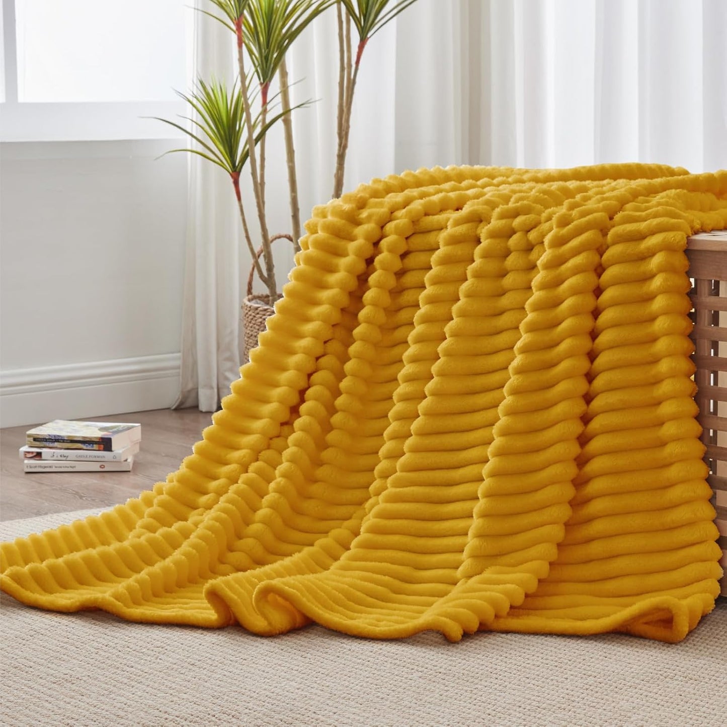 Ribbed Twin Blanket for Couch & Bed, Mustard Yellow, 60"x80" | Ultra-Soft Plush Fleece, Cozy, Warm Yet Lightweight, Ribbed Texture, Home Decor, Machine Washable, Giftable, All-Season Use