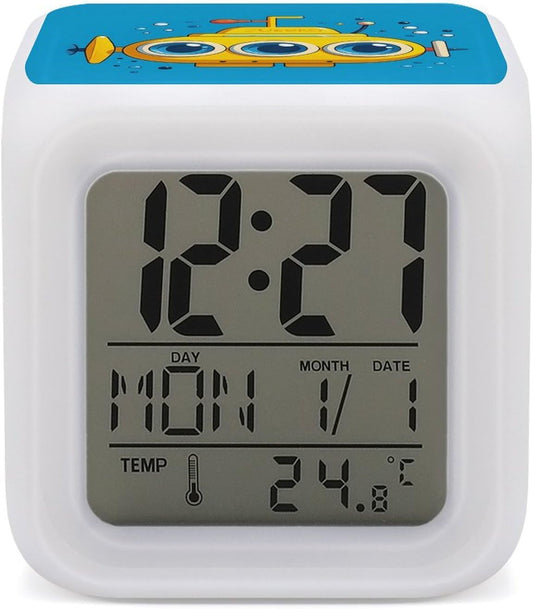 Yellow Submarine Alarm Clock for Bedroom, Small Bedside Digital Clock, 7 Color Changing Night Light, Date Display, Temperature Detect, 12/24H, Battery Operated, Easy to Set