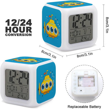 Yellow Submarine Alarm Clock for Bedroom, Small Bedside Digital Clock, 7 Color Changing Night Light, Date Display, Temperature Detect, 12/24H, Battery Operated, Easy to Set