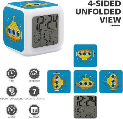 Yellow Submarine Alarm Clock for Bedroom, Small Bedside Digital Clock, 7 Color Changing Night Light, Date Display, Temperature Detect, 12/24H, Battery Operated, Easy to Set