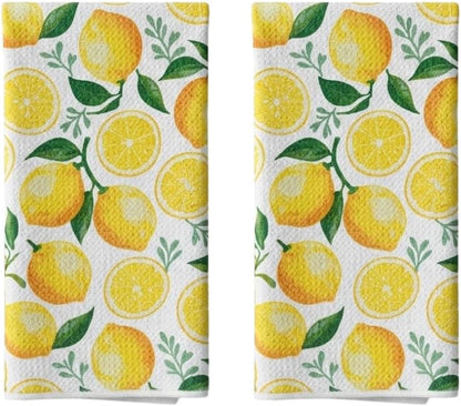 Lemon Kitchen Towels Set of 2-18 x 26 Inch Microfiber Dish Towels for Kitchen Drying - Summer Hand Towels Tea Towels with Hanging Loop - Lemon Kitchen Gift