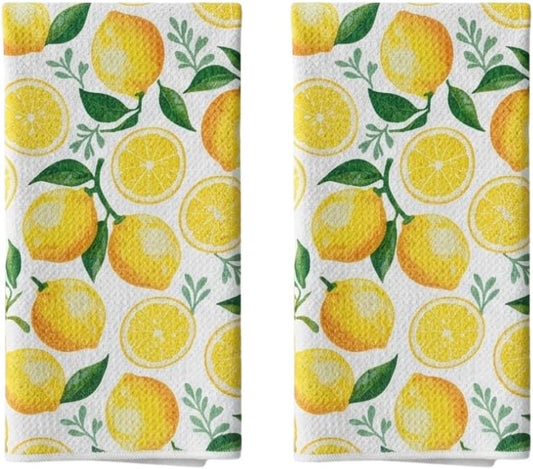 Lemon Kitchen Towels Set of 2-18 x 26 Inch Microfiber Dish Towels for Kitchen Drying - Summer Hand Towels Tea Towels with Hanging Loop - Lemon Kitchen Gift