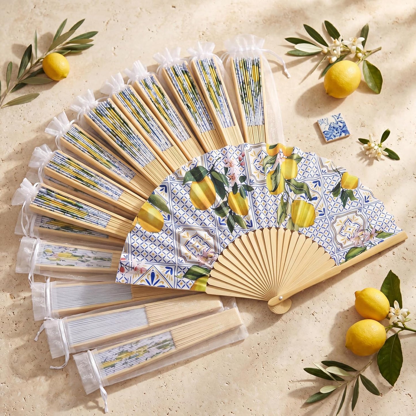 25 Sets Lemon Folding Fans with Organza Bags, Wedding Favors for Guests, Bridal Shower Decorations, Mediterranean Style, Amalfi Italian Summer Party Hand Fans for Wedding Bridesmaid Gift